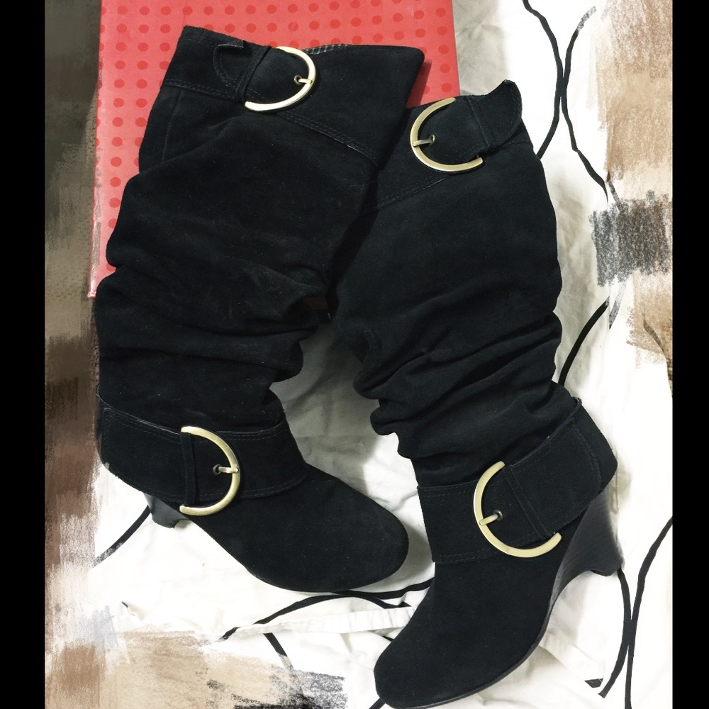 Naughty Monkey Black Heeled Suede Boots with Gold Buckles